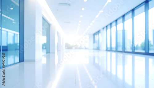 A bright, modern interior hallway with large windows and recessed lighting creates a sense of spaciousness and clean design.