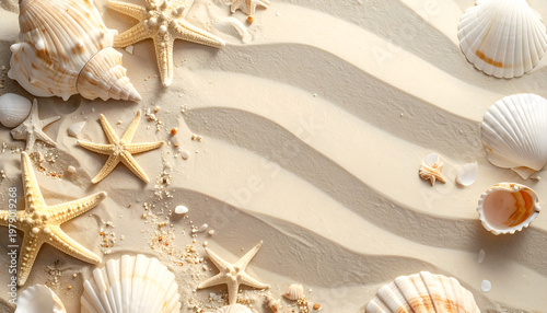 A serene arrangement of seashells and starfish rests upon rippled, sun-kissed sand.