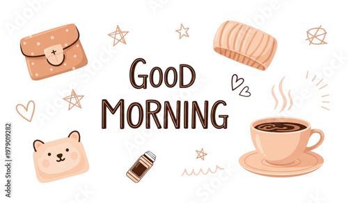 Flat vector illustration of good morning coffee time with textured cozy elements