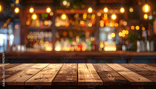 A warm, inviting bar scene features a rustic wooden countertop in the foreground, softly illuminated by a bokeh of lights in the background, creating a cozy and intimate atmosphere.