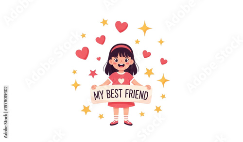 Vector illustration of cute girl with stars and hearts celebrating friendship “My Best Friend”