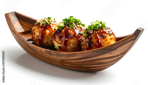 A delectable serving of Takoyaki, Japanese octopus balls, is presented in a rustic wooden boat-shaped dish.