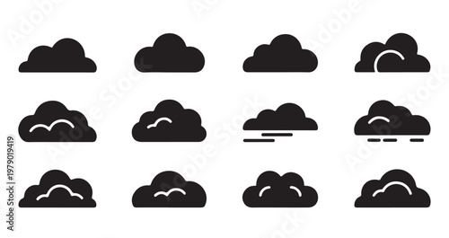 Cloud set vector silhouette and line art collection for weather forecast app and website graphic.