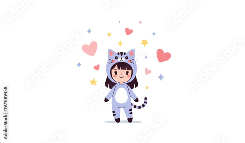 Vector illustration of love cat girl surrounded by stars and magical elements