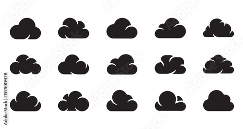 Assortment of fluffy cloud illustrations in various simple rounded shapes.