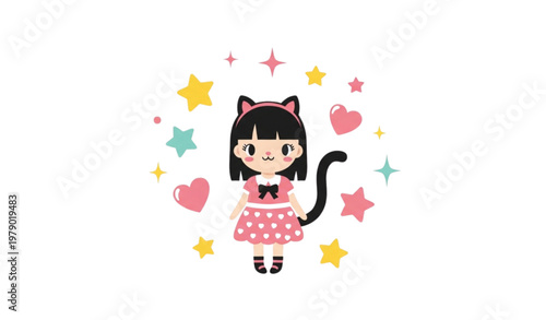 Cute love cat girl vector illustration with stars and magical sparkles