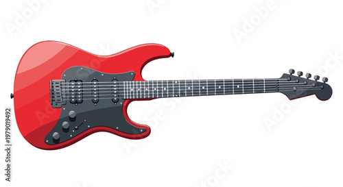 Red electric guitar with black neck and body details on a white background.