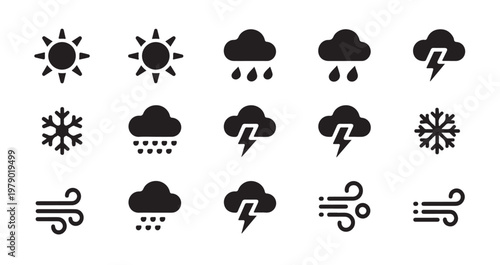 Weather icon set featuring sun rain storm snow and wind symbols for mobile application design.