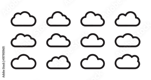 Set of simple outline cloud icons for various design and weather uses.