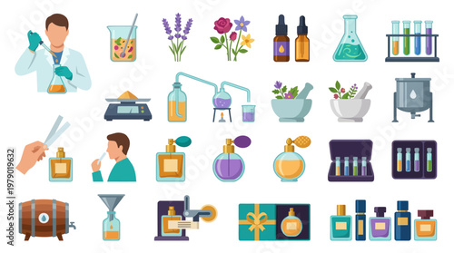 Perfume Manufacturing Flat Icons Set. Fragrance Production Process Elements Collection.