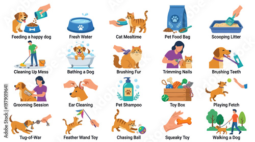 Pet Care Activities Flat Vector Icons Set: Dog  Cat Ownership Daily Routine  Grooming