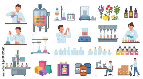 Flat Illustration of Perfumery, Essential Oil  Cosmetic Manufacturing Process Set