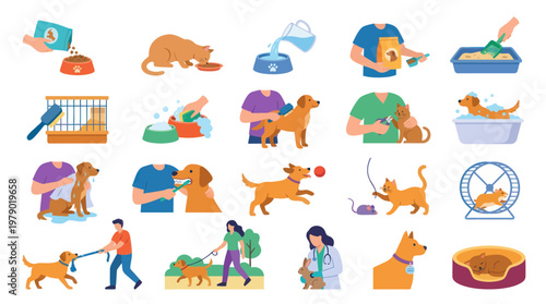 Pet Care Activities Flat Illustration Set: Dogs, Cats, Hamsters, Feeding, Grooming, Walking, Vet