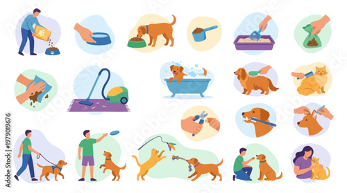 Flat Vector Illustration of Pet Care Activities, Daily Routine Tasks for Dog and Cat Owners