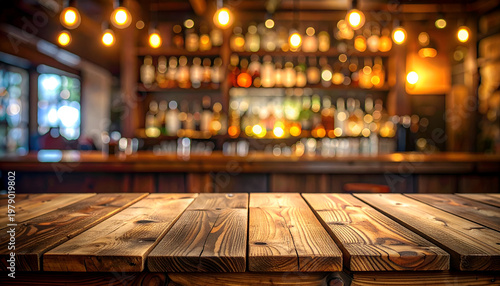 A warm and inviting bar interior showcases a rustic wooden countertop in the foreground, with a blurred background of shelves filled with bottles and soft lighting.