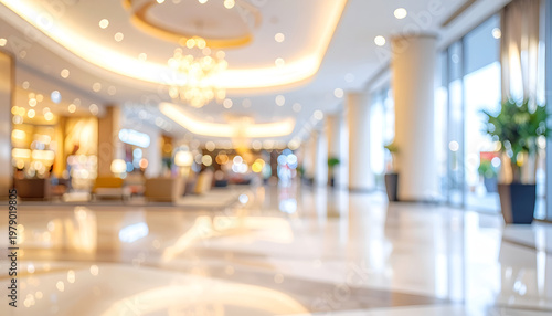 A blurred, luxurious hotel lobby showcases elegant lighting fixtures, marble flooring, and comfortable seating areas, creating a sense of opulence and tranquility.