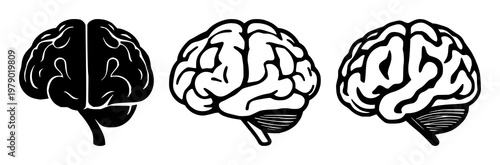 Brain learning icon set with solid black design on white background featuring brain, education, knowledge with memory and growth