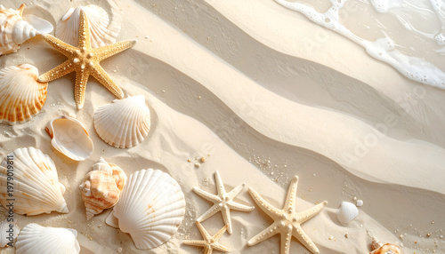 A close-up view showcases a collection of seashells and starfish scattered across a sandy beach, with gentle ocean waves lapping at the shore in the background.