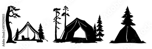 Forest camping tent icon set with solid black silhouette against white background featuring outdoors, camping, tent icon with design and illustration for travel, adventure, nature
