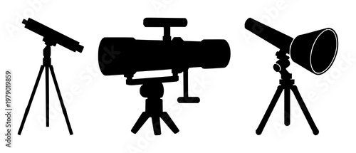 Telescope set with solid black icon against white background featuring telescope, stargazing, astronomy with vector and illustration