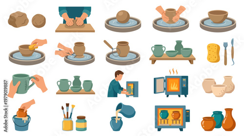 Pottery Making Process Flat Cartoon Icons Set - Ceramics Craft and Clay Art Steps