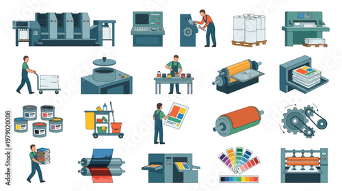 Printing Industry Machines Workflow Process Flat Vector Icons Collection