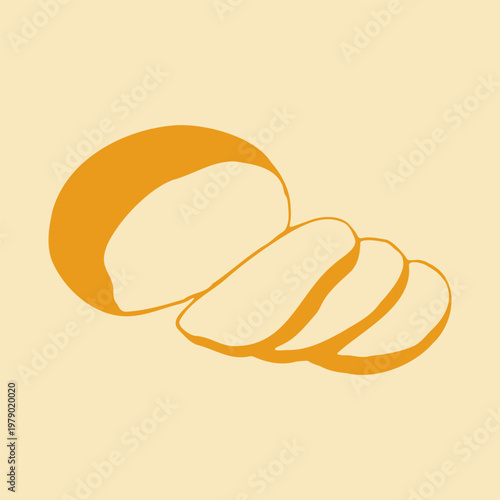 Hand drawn vector illustration of a round cheese head with several fresh slices. Simple doodle graphic of a dairy product for farm market branding or healthy food concept