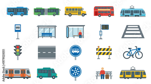 Flat Design Public Transportation Icons Set. City Transit Vehicles, Stops  Road Elements Collection