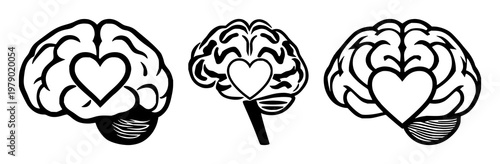 Mental health brain set with solid black icon on white background featuring stylized brain, heart, wellness symbol with black and white and minimalistic