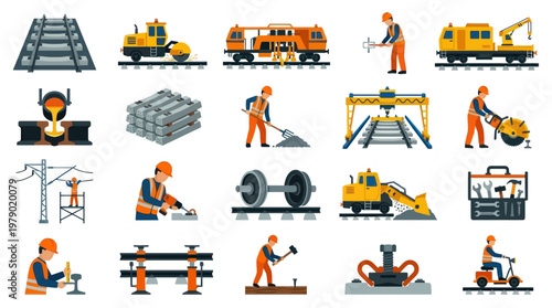 Flat Vector Icons Set: Railway Construction, Maintenance  Metallurgy with Workers, Tracks, Trains  Tools