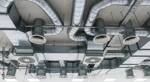 HVAC engineering and building ventilation installation. Air ducts and climate control systems mounted under ceiling, supporting air circulation, temperature regulation and facility maintenance. 