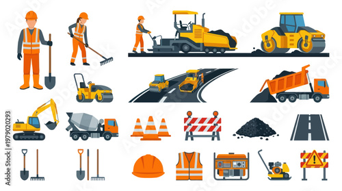 Construction and Road Building Flat Vector Icons Set with Workers, Heavy Equipment, and Tools