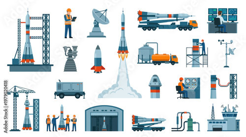 Flat Vector Space Rocket Launch  Exploration Icons Set for Aerospace Industry