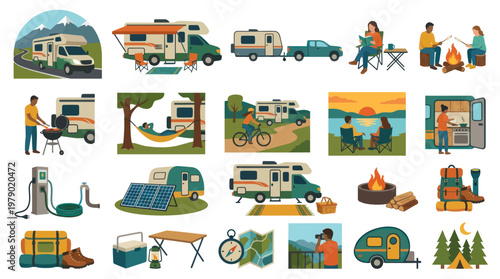 Camping  RV Travel Flat Vector Illustration Set with Outdoor Activities, Motorhomes  Gear