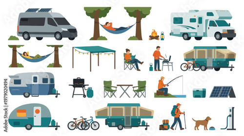 Flat Vector Icons Set for Outdoor Camping, RV Travel, and Adventure Lifestyle