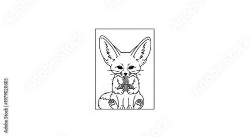 Cute Fennec Fox Eating Noodles Line Art Illustration