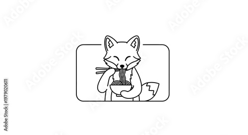 Cute Fox Eating Ramen Noodles with Chopsticks - Line Art Illustration