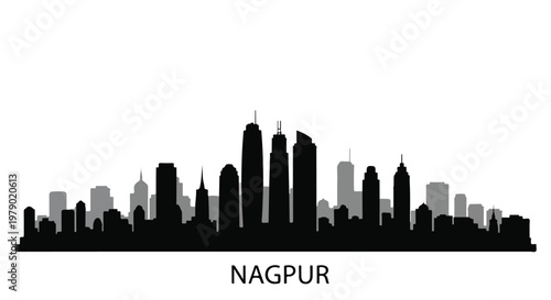 Black silhouette of a city skyline with tall buildings and skyscrapers against a white background, labeled Nagpur.