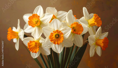 A vibrant close-up showcases a bouquet of white and orange daffodils against a warm, textured background, highlighting their delicate petals and graceful forms.