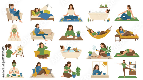 Woman Self-Care  Daily Wellness Routine Flat Vector Illustrations Set