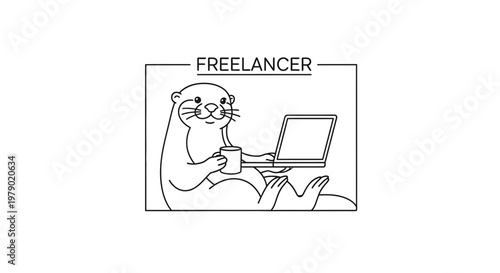 Cute Otter Working Remotely with Laptop and Coffee Mug, Freelancer Concept