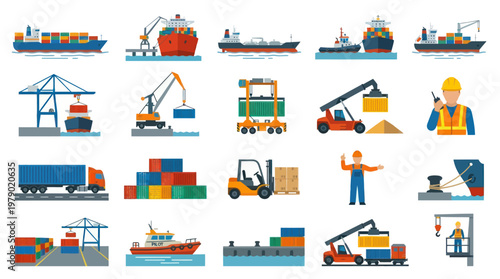 Flat Design Maritime Shipping, Port Logistics  Cargo Transportation Vector Icons Set