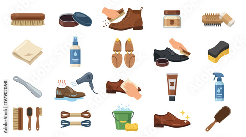 Footwear Shoe Care Tools Flat Vector Illustration Set for Leather Cleaning and Maintenance
