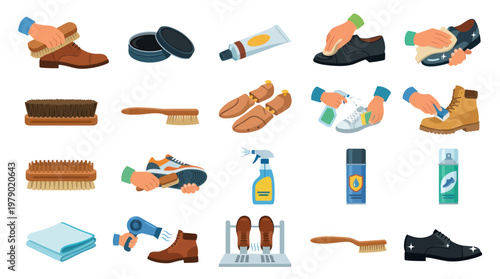 Shoe Care Process and Tools Flat Vector Illustration Set for Footwear Maintenance