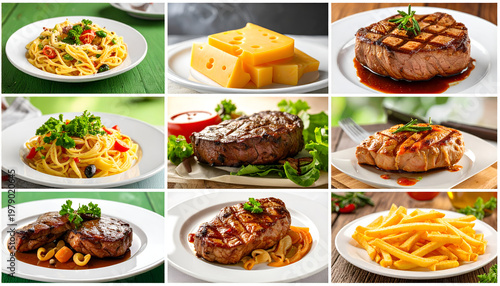 A collage showcasing various delectable food items, including pasta, steak, cheese, and french fries.