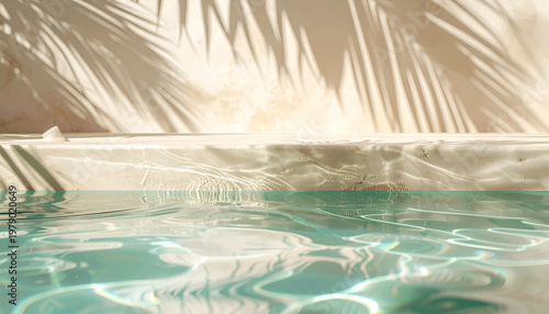 A serene abstract composition featuring a textured surface partially submerged in turquoise water, illuminated by dappled shadows cast by palm fronds, creating a tranquil and artistic atmosphere.