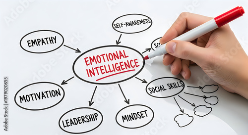 Emotional intelligence infographic highlighting feelings, empathy, and awareness. A hand maps out psychological elements including mindset, leadership, and communication for mental health