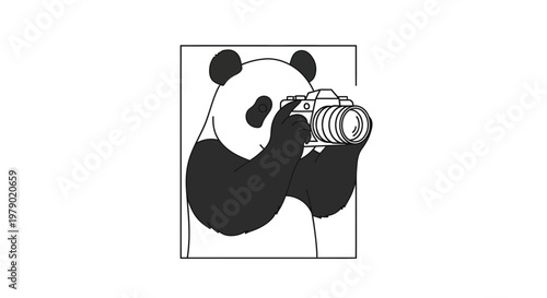 Cute Panda Photographer Holding Camera, Taking Photo, Black and White Line Art Illustration