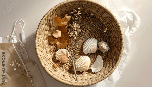 A woven basket filled with dried leaves, delicate seashells, and sprigs of dried flowers sits on a linen cloth, evoking a sense of natural tranquility and rustic charm.