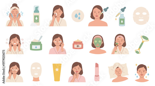 Skincare Beauty Routine Flat Vector Illustration Set for Women's Self-Care and Wellness